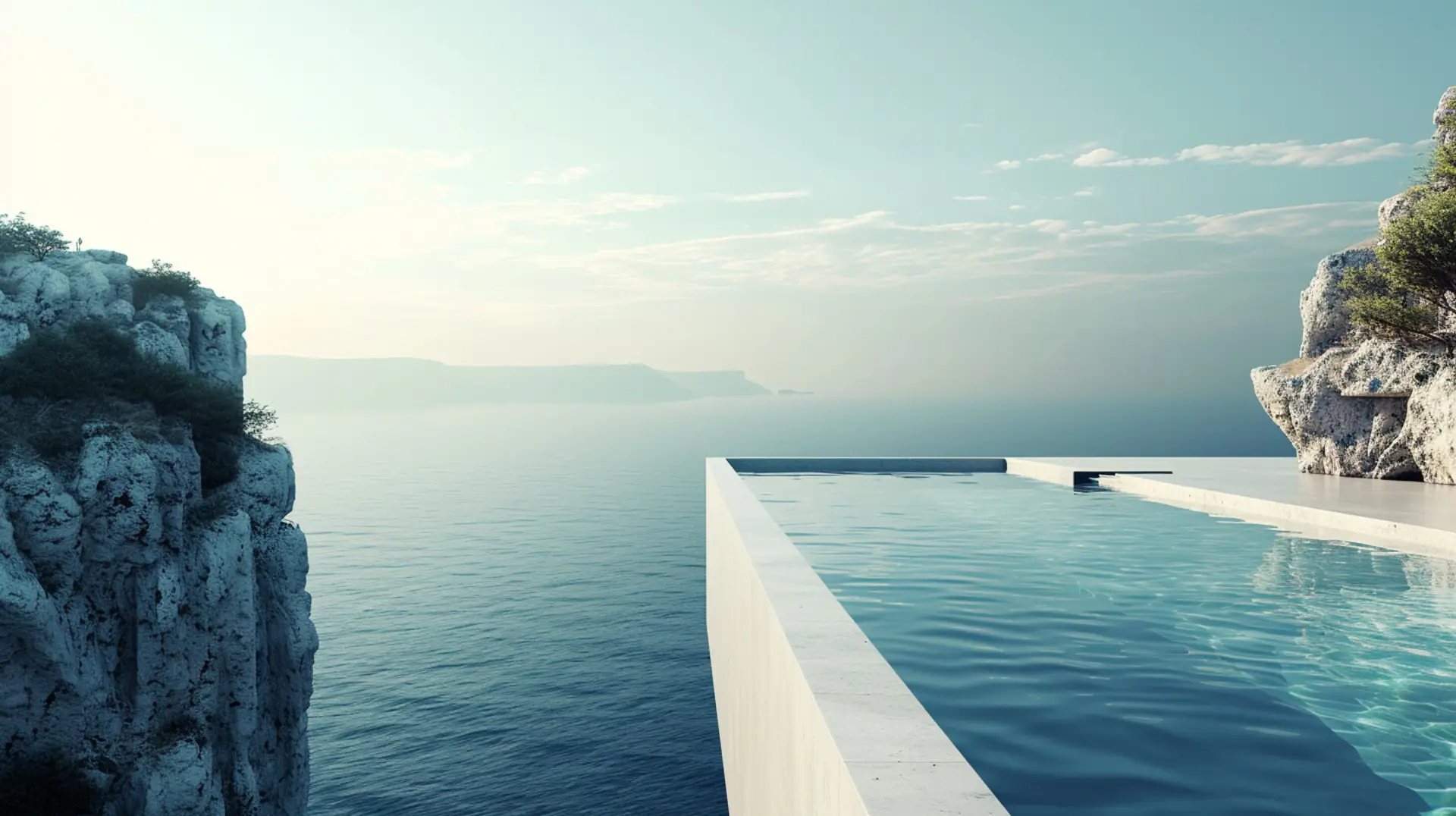 Piscina a sfioro sul bordo della scogliera, con il mare Ionio all'orizzonte